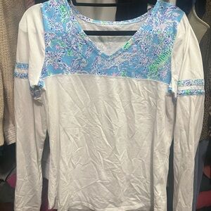 Lilly Pulitzer Large White and Blue Floral Long Sleeve Top EUC